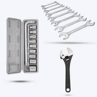 Hillgrove HGCM408M1 10Pcs Hex Socket Set with Adjustable Wrench, 8Pcs Double Open Wrench Socket Set