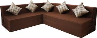 Little Smile L-Shaped 90x72x16 inch- Jute Fabric 5_brown 5 Seater Double Foam Fold Out Sofa Cum Bed