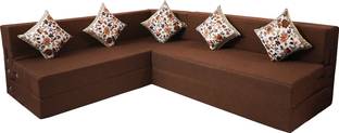 Little Smile L-Shaped 78x60x16 inch- Jute Fabric 4 -brown 4 Seater Double Foam Fold Out Sofa Cum Bed