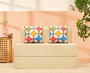 Uberlyfe 4 x 6 Ft Premium Jute -Sofa Cum Bed with 2 Cushions(Jharokha Pattern) 2 Seater Single Foam Fold Out Sofa Cum Bed