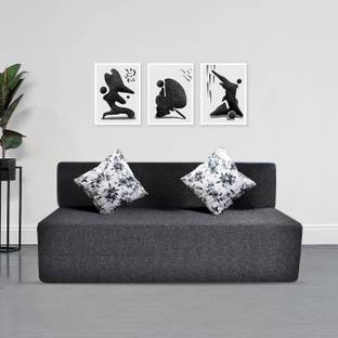 Fresh Up 3 Seater 5x6 feet Jute Fabric with 2 Printed Cushions 3 Seater Double Foam Fold Out Sofa Cum Bed