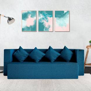 Fresh Up Jute Fabric 78x36x14 Inches with 4 Cushion Cover 4 Seater Double Foam Fold Out Sofa Cum Bed