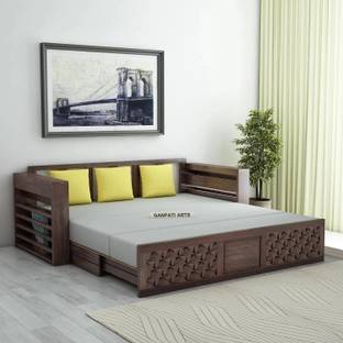 Ganpati Arts Sheesham Wood Raj with Headboard & Mini Storage for Home 3 Seater Double Solid Wood Pull Out Sofa Cum Bed