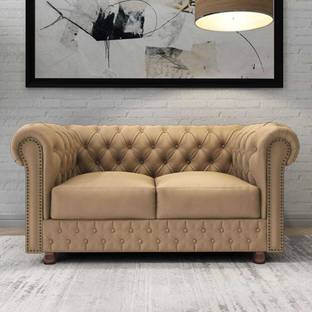 India wood mart Wooden Modern Sofa Tufted Couch with Deep Seat,Chesterfield 2 Seater Sofa Fabric Half-leather 2 Seater  Sofa