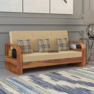 Taskwood Furniture Solid Sheesham Wood Three Seater Sofa With Flat Cushion For Living Room, Café Fabric 3 Seater  Sofa