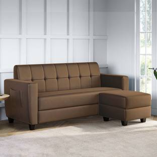 ARRA Remo Tufted Back Three Seater Sofa With Ottoman in Brown Color Fabric 4 Seater  Sofa