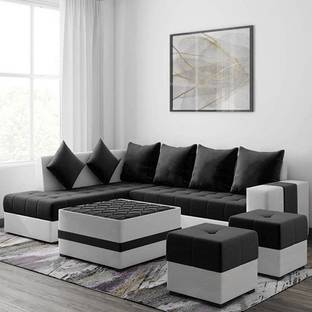 Torque Steffan L Shape 8 Seater Sofa Set with Centre Table and 2 Puffy (LHS, Black) Fabric 8 Seater  Sofa