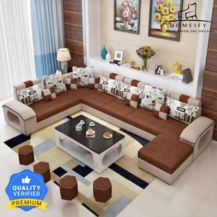 Homeify Carlo 9 Seater Fabric Sofa Set with 4-Puffy Convertible Sofa Set for Living Room Fabric 9 Seater  Sofa