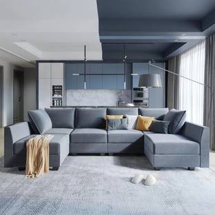 Torque Ethan 6 Seater U-Shape Fabric Sofa for Living Room, Bedroom, Office Furniture Fabric 6 Seater  Sofa