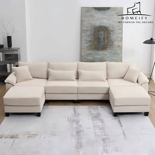 Groovecraft Elina U-Shape Reversible Cushions Couch with Ottomans Fabric 6 Seater  Sofa