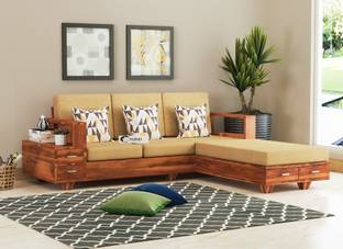 Wopno Furniture Pure Sheesham Wooden 5 Seater Sofa with Side Box Storage for Living Roo Fabric 5 Seater  Sofa