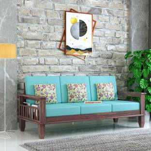 Dreamydesks 3 Seater Sofa with Side Pockets with Cushions for Living Room Solid Wood 3 Seater  Sofa