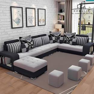 Homeify Carlo 9 Seater Fabric Sofa Set with 4-Puffy Convertible Sofa Set for Living Room Fabric 3 + 3 + 2 + 2 Sofa Set