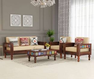 House Of Kuber Solid Sheesham Wood Modern 5 Seater Sofa Set For Living Room, Office, Café. Fabric 3 + 1 + 1 Sofa Set