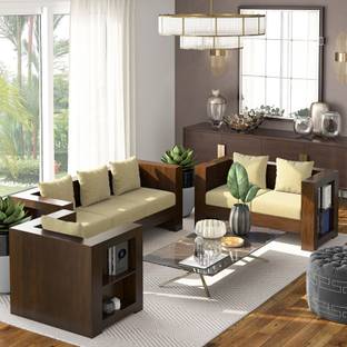 Suncrown Furniture Solid Wood Fabric 6 Seater Sofa for Home Office Hotel Living Room Bedroom 3+2+1 (Walnut, Vanilla Cream) Fabric 3 + 2 + 1 Sofa Set