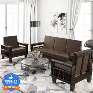 Allie Wood Sheesham Wood Sofa Set for Living Room Fabric 3 + 1 + 1 Sofa Set
