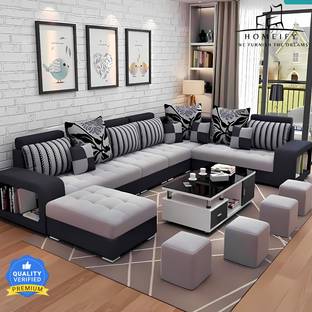 Homeify Carlo 9 Seater Fabric Sofa Set with 4-Puffy Convertible Sofa Set for Living Room Fabric 3 + 3 + 2 + 2 Sofa Set