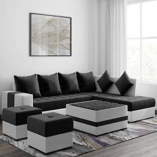 Torque Steffan L Shape 8 Seater Sofa Set with Centre Table and 2 Puffy(Beige & Black) Fabric 3 + 2 + 1 + 1 Sofa Set