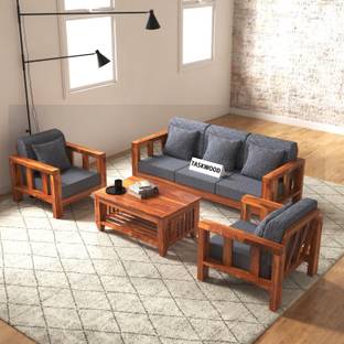 Taskwood Furniture Solid Sheesham Wood Wooden For Living Room, Café Fabric 3 + 1 + 1 Sofa Set