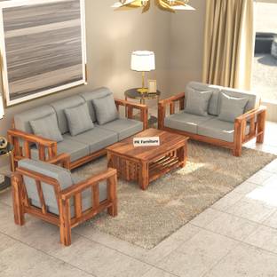 PR FURNITURE Solid Sheesham Wood Six Seater Sofa Set For Living Room / Hotel / Cafe. Fabric 3 + 2 + 1 Sofa Set