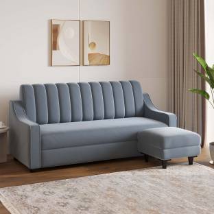 SunGrain Sleek Tufted Velvet 3 Seater Sofa with 1 Ottoman | Premium Comfort | Fabric 3 + 1 Sofa Set