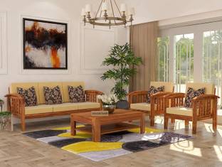 WOODSTAGE Sheesham Wood 5 Seater Sofa Set with Coffee Table Fabric 3 + 1 + 1 Sofa Set