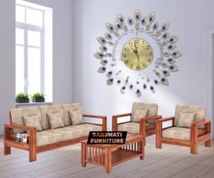 DECORWOOD Solid Sheesham Wood Five Seater Sofa Set For Living Room, Fabric 3 + 1 + 1 Sofa Set