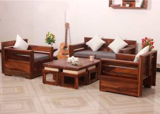 Sheesham Craft MirageMingle Handcrafted Sheesham Wood Sofa- Space-Efficient,Easy Assembly Fabric 2 + 1 + 1 Sofa Set