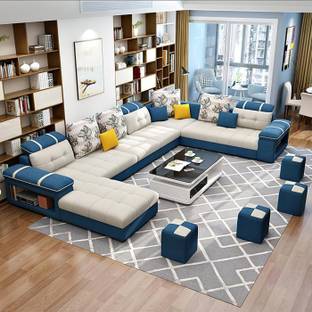 Torque Bristol U Shape 9 Seater Fabric Sofa Set with 4 Puffy (Cream - Blue) Fabric 3 + 2 + 2 + 1 Sofa Set