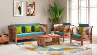 Deuba Solid Sheesham Wood Fabric 3 + 1 + 1 Sofa Set