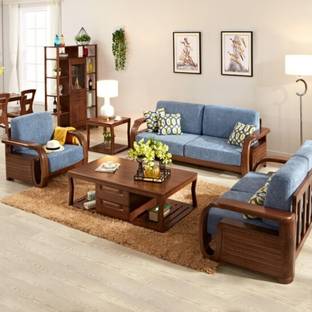 MAHIMART AND HANDICRAFTS Beautiful Sofa Set In Solid Sheesham Wood For Living Room With Coffee Table Fabric 3 + 2 + 1 Sofa Set