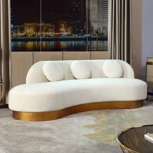 NG Decor White & Gold Velvet Curved Sofa for 3 Seaters with Pillows Stainless Steel Base Fabric 2 + 1 Sofa Set