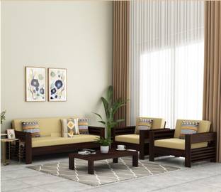 VARSHA FURNITURE Solid Wooden For Living Room With Side Pockets Storage Fabric 3 + 1 + 1 Sofa Set