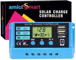 amiciSmart Solar Charger Controller 20A, Intelligent Battery Regulator for Solar Panel LCD Display with USB Port 12V/24V PWM Solar Charge Controller