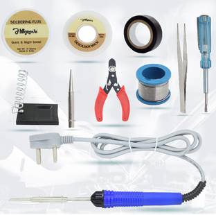 Hillgrove 10in1 Basic 25W Soldering Iron Kit with 5 Meter Solder Wire, Cutter, Stand, Flux, Bit, Tape, Tester, Tweezer, Wick 25 W Simple