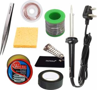 FADMAN SOLDERING IRON 60W (BLACK) | SOLDERING PASTE FLUX | SOLDER WIRE | SOLDERING IRON STAND | SPONGE | HARDWARE TAPE | DESOLDERING WICK | TWEEZER | 60 W Simple