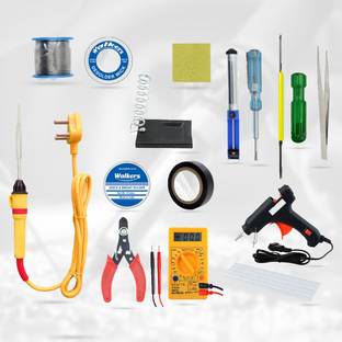 Walkers Basic Complete 14in1 Soldering Iron Machine Tool Kit Set | Wire Cutter | Stand | Solder Wire | Tweezer | Soldering Flux | Sponge | Tester| Desoldering Pump | Electric Tape | 2IN1 Screw Driver | Digital Multimeter | 20W Glue Gun | Desoldering Wick 25 W Simple