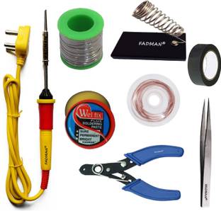 FADMAN Basic Complete Part Type-8 Soldering Iron Kit | Wire Cutter | Stand | Solder Wire | Tweezer | Soldering Flux | Desoldering Wick | Electric Tape | Soldering Iron 25 W Simple
