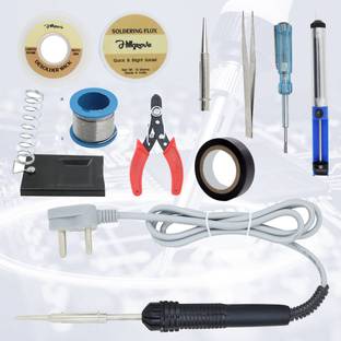 Hillgrove 11In1 Basic Complete 30W Soldering Iron Kit with 5 Meter Solder Wire, Cutter, Stand, Flux, Bit, Tape, Tester, Tweezer, Wick::Pump 30 W Simple