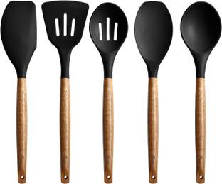 ZEQON Black Color Utensils Set Non-Stick Silicone Cooking Set with Wood Handles Non-Stick Spatula