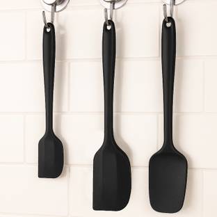 Frenchware 1 Large, 1 Small Turner & 1 Spoon, Curve Pro Silicone Kitchen Utensil Set, Black Non-Stick Spatula