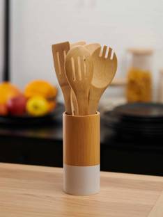 TGOPIT Wooden Bamboo Cooking Utensils Set - 6pcs Kitchen Utensil Set with Holder Wooden Spatula