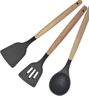 PBKN Silicone Turner Ladle Spatula | Non Stick Friendly | 3 Pc Wooden Handle Set Non-Stick Spatula