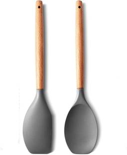 Besillia Wooden Handle Spatulas Kitchen Rubber Spatula Cooking Spoon Cooking Set (Grey) Wooden Spatula