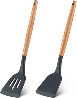 Besillia 2 Pieces Set Silicone Slotted Turner Silicone Spatula with Wooden Handle (Black) Wooden Spatula