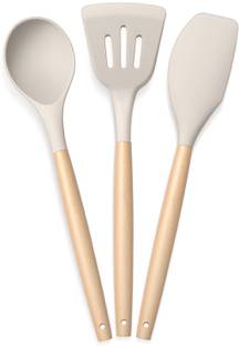 ESLORA Silicon Spatula for Kitchen | Non-Stick | Cooking Spatulas 3 white Wooden Spatula