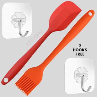 HICHAKI 27CM Silicone Orange Spatula & Basting Pink Brush Set with 2 Self-Adhesive Hooks Non-Stick Spatula