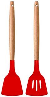 Besillia 2 Pieces Set Silicone Spatula with Wooden Handle Non-Stick Cooking Turner (Red) Wooden Spatula