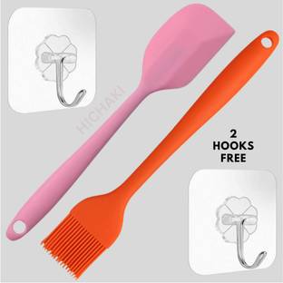 HICHAKI 27CM Silicon Spatula & Basting Brush Set- Pink & Orange with 2Self-Adhesive Hook Non-Stick Spatula