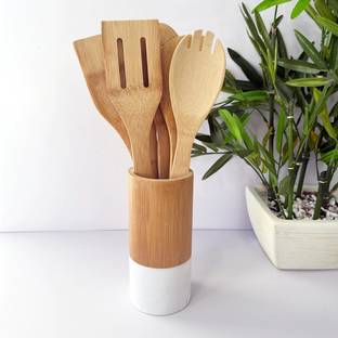 COSKIRA 6 pcs Eco-Friendly Bamboo Kitchen Spatula Set with Round Holder, Lightweight, Mixing Spatula